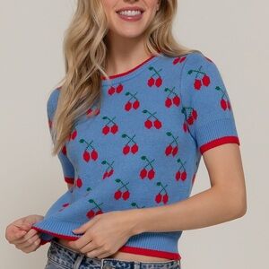 Blue Cherry Print Knit Top